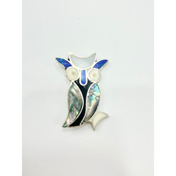 Vintage Alpaca Silver Mexico Owl Bird Pin Brooch with Abalone Shell Stone Inlay - Picture 4 of 10